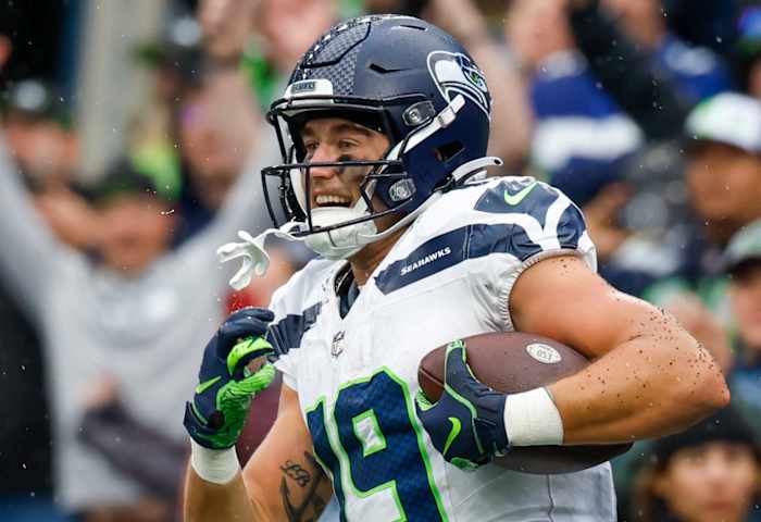 Seattle Seahawks wide receiver Jake Bobo (19) celebrates after catching a touchdown pass against the Carolina Panthers during the fourth quarter at Lumen Field.